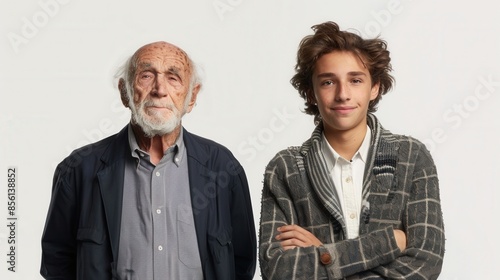 Old and young person with a generational contrast on an isolated white background