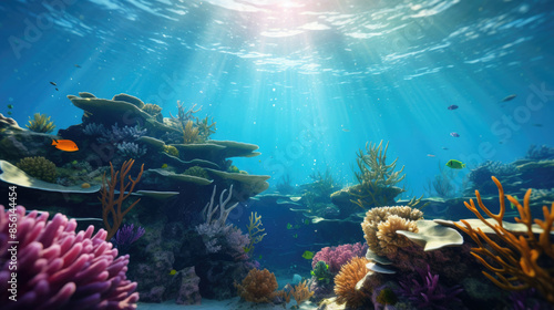 Underwater scene with colorful coral reef and various tropical fish, background
