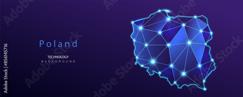 Poland Map made of line and point scales on blue technology background. Polygonal wire frame network line, futuristic design. Low poly polish country. Communication, connection concept.