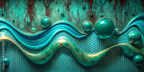 Wavy teal lines overlay textured background with honeycomb patterns,accompanied by numerous spherical elements that appear float above the surface.Copper-like verdigris effects lend a sense of age.AI