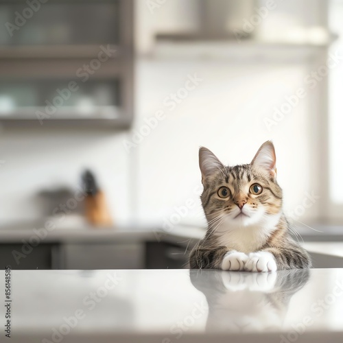 Adorable tabby cat with curious eyes sitting on a clean kitchen counter in a modern home interior, sunlight streaming in.