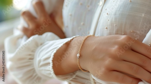 A close-up of a woman's wrist adorned with a delicate chain bracelet. The bracelet features a minimalist design with a small charm, highlighting the elegance and simplicity of the piece. The focus is