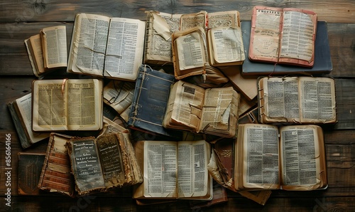 A collection of opened Bibles and Tanakhs, each with aged, illuminated script, displayed on rustic wooden surfaces