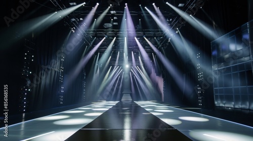 A long, empty runway with white spotlights shining down from above. The stage is set for a fashion show or other performance.