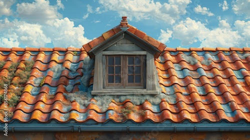 Weathered roof with a dormer window under a bright sky, rustic building concept
