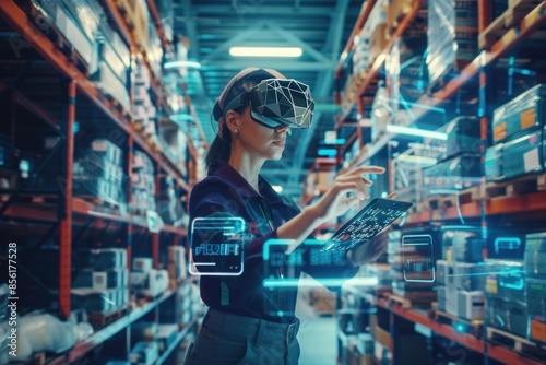 Technician with futuristic interface in warehouse