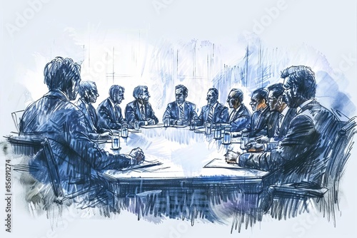 Negotiators in a peace talk setting, sketched with hopeful tones, negotiation sketch, peace negotiation illustration