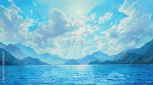 The azure sea and blue sky meld under the bright sun while distant mountains are painted in a beautiful blue tone forming a picturesque landscape