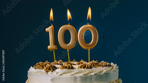 100th Gold Candles With Flames On A Cake Celebration