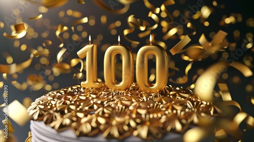 100th Gold Candles With Flames On A Cake Celebration