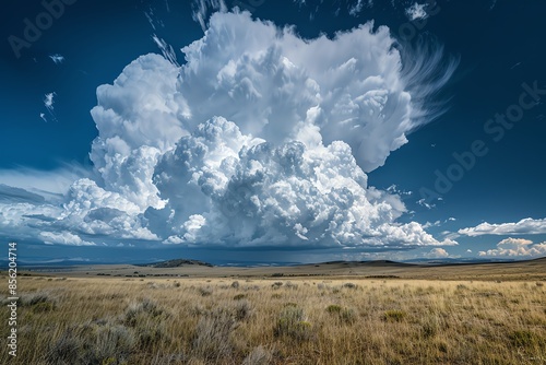 A dramatic cumulonimbus cloud towers over a vast, grassy plain under a clear blue sky.