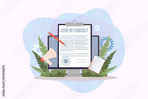 Computer monitor with code of conduct document vector illustration. Pen, megaphone, checklist, company ethical integrity document. Code of business ethics and values concept