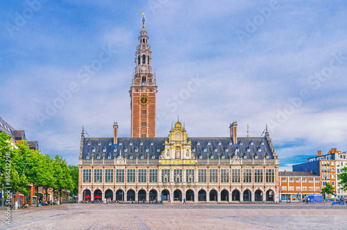 Tower and Central Library of the KU Leuven Katholieke Universiteit Leuven Catholic research university building in Leuven city historical center, Flemish Region, Flemish Brabant province, Belgium