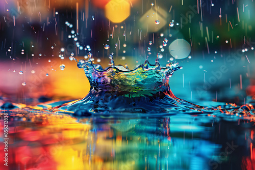 A rainbow colored splash of water on the surface, reflection, blurred background,