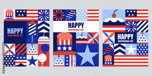 Set of USA Independence Day holiday banner, poster or greeting cards. 4th of July simple geometric background. American flag, symbols in color block squares. Vector flat design elements