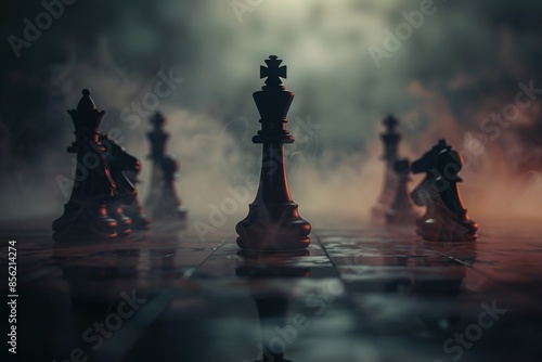 Chess figures on a dark chessboard surrounded by smoke and haze. Ai generative
