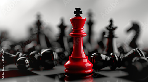 A red chess piece stands out among black ones on a white background, symbolizing the concept of success and victory in business or political competition. The king figure is standin