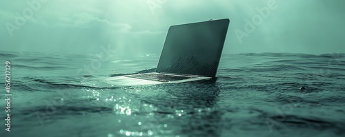 Eerie image of an upright laptop standing in the sea water, depicting isolation or technological oddity
