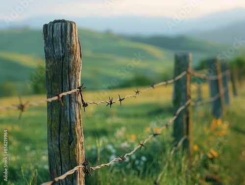 Close-up of a barbed wire fence with a scenic background of rolling green hills and wildflowers.