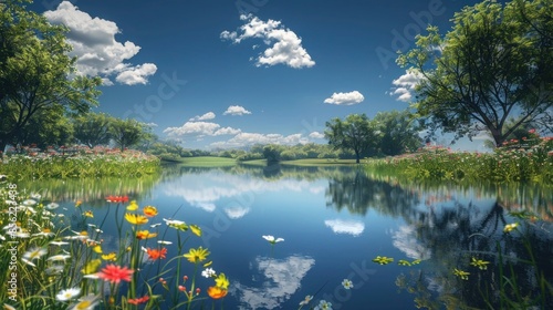 A meadow of wildflowers framing a tranquil pond reflecting a cloudless blue sky.