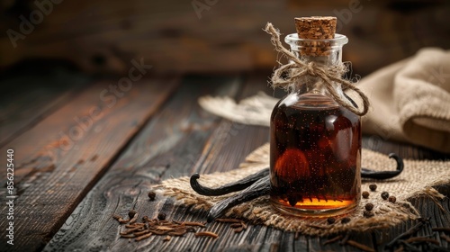 Homemade vanilla extract in a small bottle with beans on a wooden background