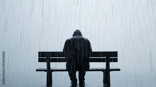 Man sitting in the rain on a bench, looking down, tears mixing with rain, conveying deep sadness, isolated against a white backdrop, rain pouring down