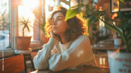 Reflective young woman enjoying the golden hour sunlight through a window, creating a peaceful and thoughtful ambiance