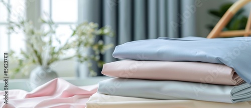 Soft and cozy bed sheets in pastel hues, arranged in a tidy pile, perfect for a serene bedroom setting
