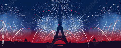 Bastille Day background with a minimalist design of the Eiffel Tower and abstract fireworks in red, white, and blue.