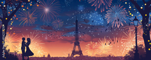 Bastille Day background with a romantic evening scene in Paris, complete with the Eiffel Tower and fireworks.