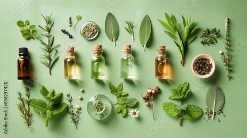 A collection of natural remedies, featuring herbs, essential oils, and botanical blends, arranged on a green background for a fresh, organic look