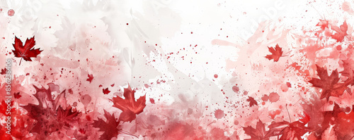 Canada Day background with an artistic watercolor style featuring red and white splashes and maple leaves.