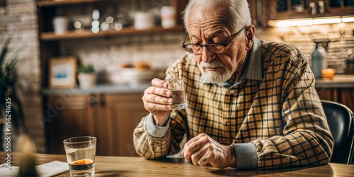 Senior man with glasses drinking water at table