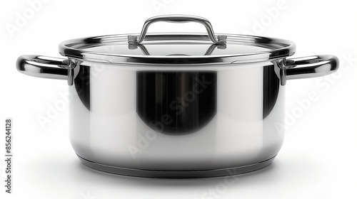 A shiny stainless steel pot with a lid, isolated on a white background.