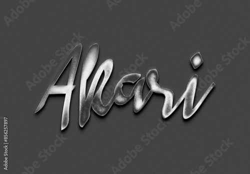 Chrome metal 3D name design of Akari on grey background.