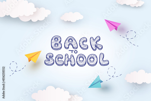 Back to school blue sky background. 3d flying colorful paper airplanes. Vector origami toys, cartoon kids planes in air on education poster, banner, cover