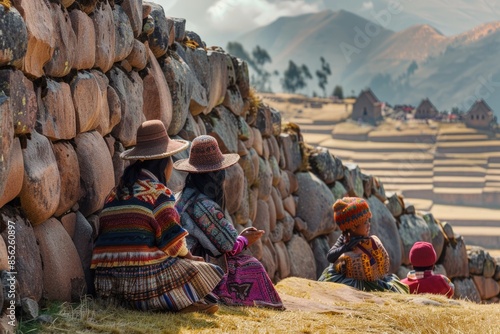 Quechua women and boy at Chinchero archaeological site Peru.