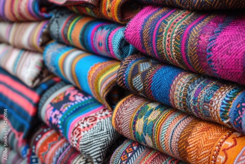 Andes textile fabric pile on Cusco handicraft market Peru.