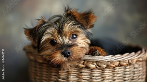 A Yorkshire terrier puppy rests in a basket