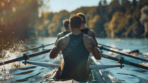 Men's kayaking in nature. Sports rowers row