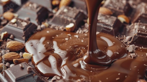 Melted liquid chocolate pours on a plate with pieces of chocolate bars with almond and hazelnut
