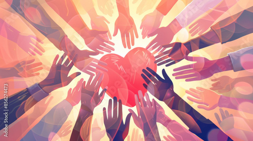 Hands reaching towards a heart illustration, symbolizing community, care, and unity, with warm and vibrant colors expressing love and solidarity.