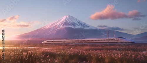 AI generator image of japan shinkansen in front of fujiyama, hyperrealistic .photorealistic wide angle shot