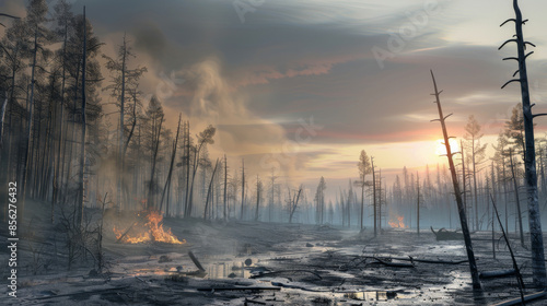 A desolate charred forest with smoldering fires and thick smoke under a dramatic, cloudy sky, capturing the aftermath of a devastating wildfire at sunset.