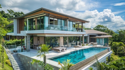 PHUKET, THAILAND - JUNE 7 : Exterior Modern Tropical Villa with Swimming Pool for a new family on JUNE 7, 2016, in Phuket Thailand. 