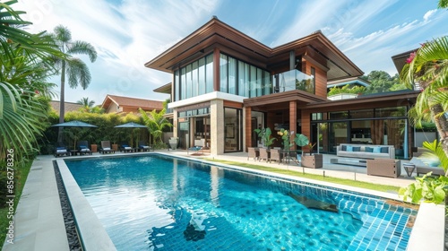 PHUKET, THAILAND - JUNE 7 : Exterior Modern Tropical Villa with Swimming Pool for a new family on JUNE 7, 2016, in Phuket Thailand. 