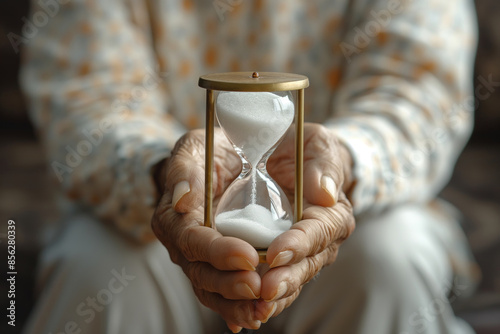 An elderly individual's hands gently cupping a white sand hourglass, symbolizing the passage of time