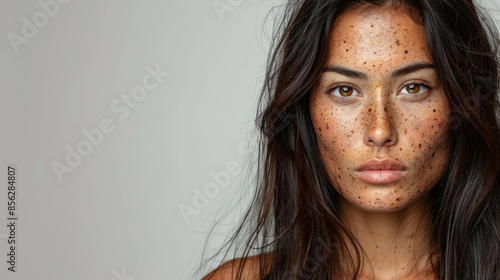 Close up portrait of a young woman with freckles and long dark hair