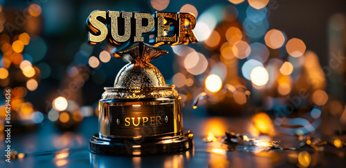 Golden SUPER trophy signifying excellence and outstanding achievement, an award for superlative performance on a blurred background