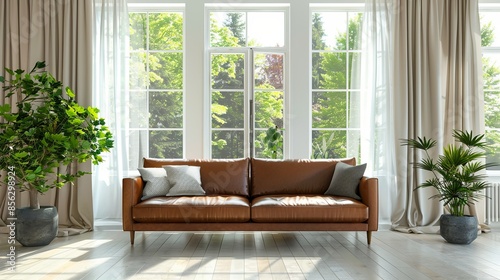 A brown leather sofa complements a modern living room featuring large windows, white curtains, and potted plants. This furniture design is ideal for apartment living
